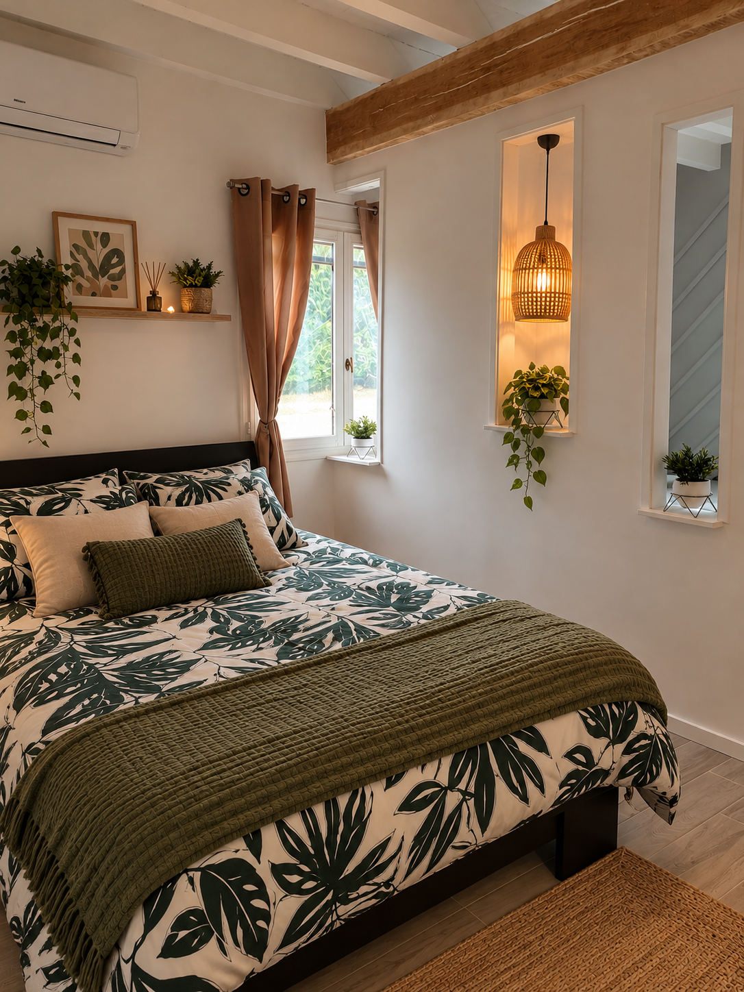 Ambiance de chambre avec lit double et décoration végétale