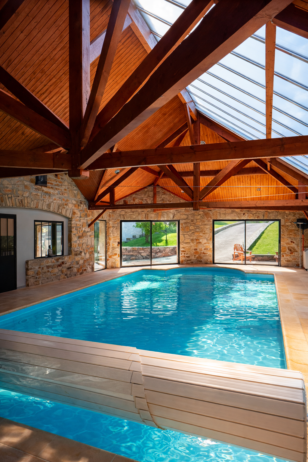 Piscine couverte sous une charpente en bois — visuel provisoire